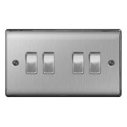 BG Nexus Metal Brushed Steel Quadruple Switch, 10Ax 2 Way - NBS44