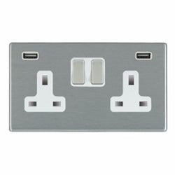 Hamilton Hartland CFX 13A 2 Gang Screwless USB Socket with 2 x USB - 4.8A - Satin Steel/White  - 74CSS2USBULTSS-W