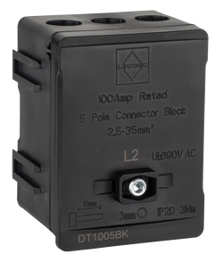 Lewden 100A 5-Way Single Pole Distribution Terminal Block, Black - DT1005BK