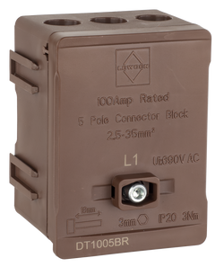 Lewden 100A 5-Way Single Pole Distribution Terminal Block, Brown - DT1005BR