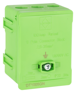 Lewden 100A 5-Way Single Pole Distribution Terminal Block, Green - DT1005GN