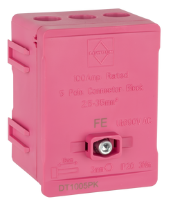 Lewden 100A 5-Way Single Pole Distribution Terminal Block, Pink - DT1005PK