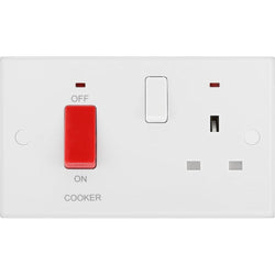 BG 900 Series 45A 2 Gang Square Edge DP Cooker Switch & 13A Switched Socket & Neon - White  - 970W