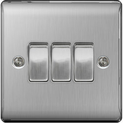 BG Nexus Metal Brushed Steel Triple Switch, 10Ax 2 Way - NBS43