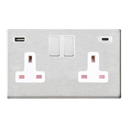 Hamilton Hartland G2 13A 2 Gang Screwless Type A/C USB Socket with 2 x USB - 4.8A - Sat Steel/White  - 7G24SS2USBCSS-W