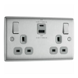 BG Nexus Metal Brushed Steel Double Socket with USB - 13A 2G SW SKT & USB AC - Grey Insert - NBS22UAC45G