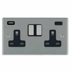 Hamilton Hartland 13A 2 Gang Type A/C USB Socket with 2 x USB - 4.8A - Satin Steel/Black  - 74SS2USBCSS-B