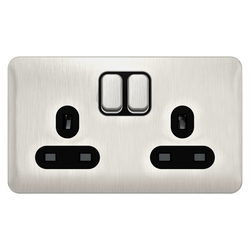 Schneider LSD 2G 13A Double Pole Switched Socket Black Insert - Stainless Steel - GGBL3020DBSS