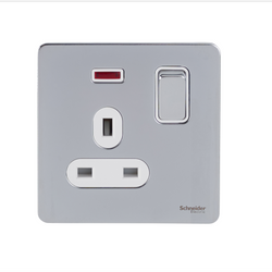 Schneider USFP 13A Double Pole 1G Switched Socket W/Neon White Insert Polished Chrome - GU3411DWPC
