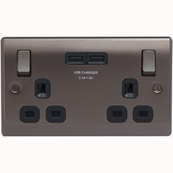 BG Nexus Metal Black Nickel Double Switched 13A Power Socket With USB Charging - NBN22U3B