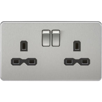 Knightsbridge Screwless 2 Gang Double Socket, Brushed Chrome with Black Inserts - SFR9000BC