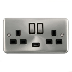 Click Scolmore Deco Plus Satin Chrome 2 Gang USB Outlet Switch 13A With Black Ingot - DPSC570BK