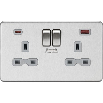 Knightsbridge 13A 2G DP Switched Socket with dual USB [FASTCHARGE] A+C - Brushed Chrome with grey insert - SFR9909BCG