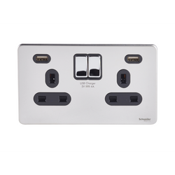 Schneider USFP 2G Switched SO Double Pole 2XUSB 4A Black Insert - Polished Chrome - GGBGU3424DBPC