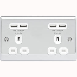 BG Nexus Metal Polished Chrome 2 Gang Plug Socket with 4 x USB Outlets Outlet White Insert 13A - NPC24U44W