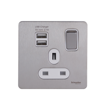 Schneider USFP 1G Switched Socket Single Pole 2x USB 2.1 White Insert Stainless Steel - GGBGU34102USBAWSS