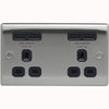BG Nexus Metal Brushed Steel 2 Gang Plug Socket with 4 x USB Outlets Outlet Black Insert 13A - NBS24U44B