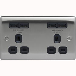 BG Nexus Metal Brushed Steel 2 Gang Plug Socket with 4 x USB Outlets Outlet Black Insert 13A - NBS24U44B