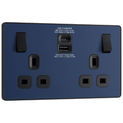 BG Evolve Matt Blue Double Switched 13A Power Socket + USB C 30W + USB A (2.1A) - PCDDB22UAC30B