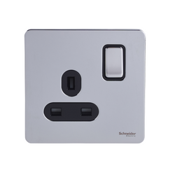 Schneider USFP 13A Double Pole 1G Switched Socket Black Insert Polished Chrome - GU3410DBPC