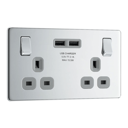 BG Screwless Flatplate Polished Chrome Double Switched 13A Power Socket With Usb Charging - 2X Usb Sockets (3.1A) - Grey Insert
