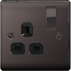 BG Nexus Metal Black Nickel Single Switched 13A Power Socket - Black Insert - NBN21B