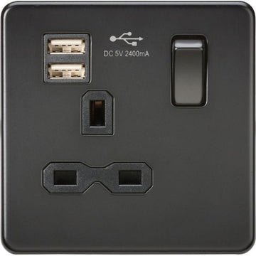 Knightsbridge Screwless 13A 1G switched socket with dual USB charger (2.4A) - matt black - SFR9124MBB