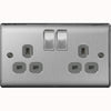 BG Nexus Metal Brushed Steel Double Switched 13A Power Socket - Grey Insert - NBS22G