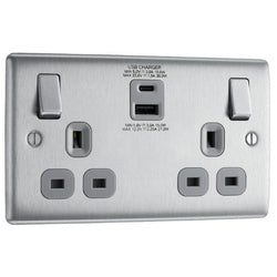 BG Nexus Metal Brushed Steel Double Socket with USB 30W Type A & Type C USB - Grey Insert - NBS22UAC30G