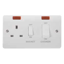 Click Scolmore Mode 45A 2 Gang Cooker Switch & Plug Socket With Neon Polar White - CMA505
