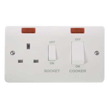 Click Scolmore Mode 45A 2 Gang Cooker Switch & Plug Socket With Neon Polar White - CMA505