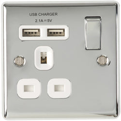 BG Nexus Metal Polished Chrome Single 1 Gang Plug Socket  with 2 x USB Outlet White Insert 13A - NPC21U2W
