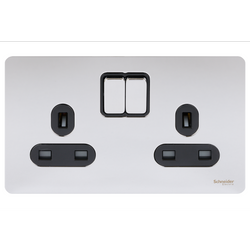 Schneider USFP 13A Double Pole 2G Switched Socket Black Insert Polished Chrome - GU3420DBPC