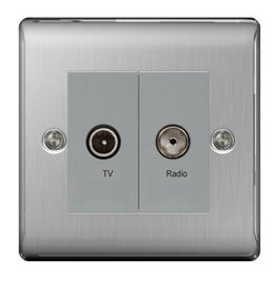 BG Nexus Metal Brushed Steel Twin TV - FM Coaxial Aerial Socket with Diplexer - NBS66