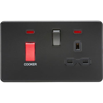 Knightsbridge Screwless 45A DP switch and 13A switched socket with neons - matt black with black insert - SFR8333NMBB