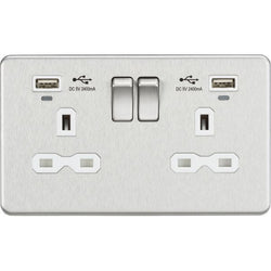 Knightsbridge 13A 2G Switched Socket, Dual USB (2.4A) with LED Charge Indicators - Brushed Chrome w/white insert - SFR9904NBCW