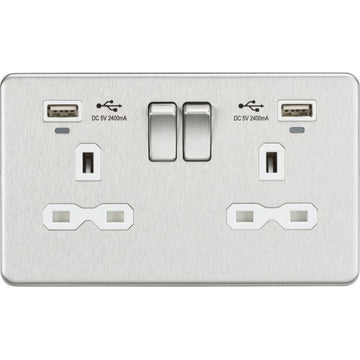 Knightsbridge 13A 2G Switched Socket, Dual USB (2.4A) with LED Charge Indicators - Brushed Chrome w/white insert - SFR9904NBCW