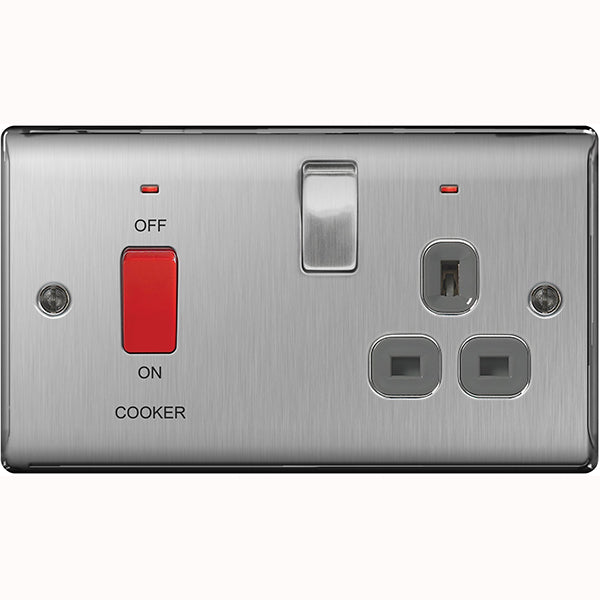 BG Nexus Metal Brushed Steel Double Cooker Switch / Socket Grey Insert