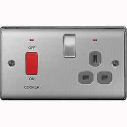 BG Nexus Metal Brushed Steel Double Cooker Switch / Socket Grey Insert 45A - NBS70G