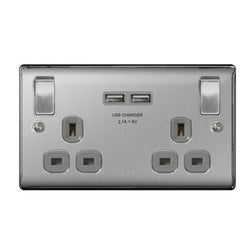BG Nexus Metal Brushed Steel Double Switched 13A Power Socket With USB Charging - NBS22U3G