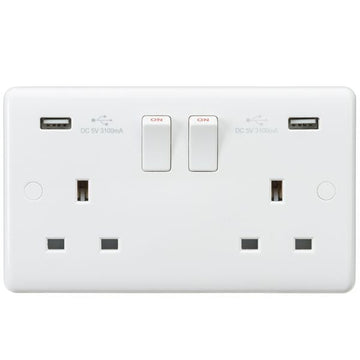 Knightsbridge Curved Edge 13A 2G Switched Socket with Dual USB Charger (5V DC 3.1A shared) - White - CU9904