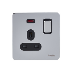 Schneider USFP 13A Double Pole 1G Switched Socket W/N Black Insert - Polished Chrome - GU3411DBPC