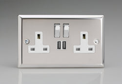 Varilight 2-Gang 13A Single Pole Switched Socket with Metal Rockers with 2x5V DC 2100mA USB Charging Ports - XC5U2SDW