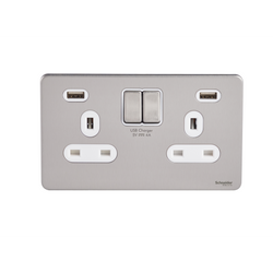 Schneider USFP 2G Switched Socket Double Pole 2x USB 4A White Insert Stainless Steel - GGBGU3424DWSS