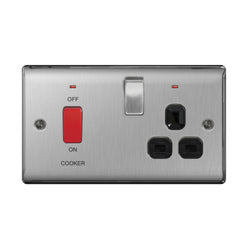 BG Nexus Metal Brushed Steel 45A Cooker Control Unit With Switched 13A Power Socket, Includes Power Indicators - Black Insert -