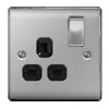 BG Nexus Metal Brushed Steel Single Switched 13A Power Socket - Black Insert - NBS21B