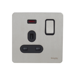 Schneider USFP 13A Double Pole 1G Switched Socket W/N Black Insert - Stainless Steel - GU3411DBSS