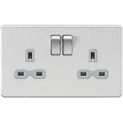 Knightsbridge Screwless 2 Gang Double Socket, Brushed Chrome with Grey Inserts - SFR9000BCG