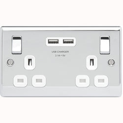 BG Nexus Metal Polished Chrome Single 2 Gang Plug Socket  with 2 x USB Outlet White Insert 13A - NPC22U3W