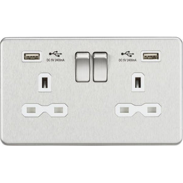 Knightsbridge 13A 2G switched socket with dual USB charger A + A (2.4A) - Brushed chrome with white insert - SFR9224BCW